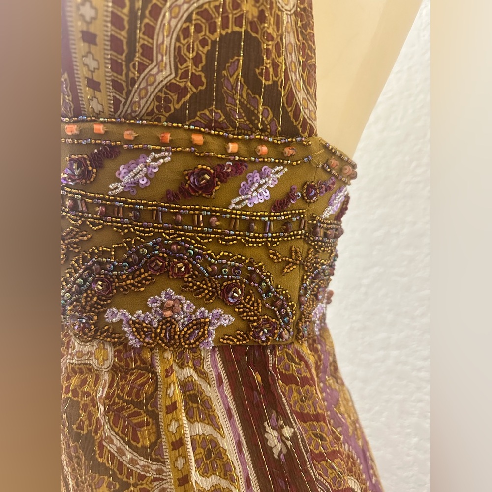 Y2K Vintage Boho Dolce Jovani Silk Beaded Front Slit Earth Tomes Size 4 Dress - Picture 5 of 16